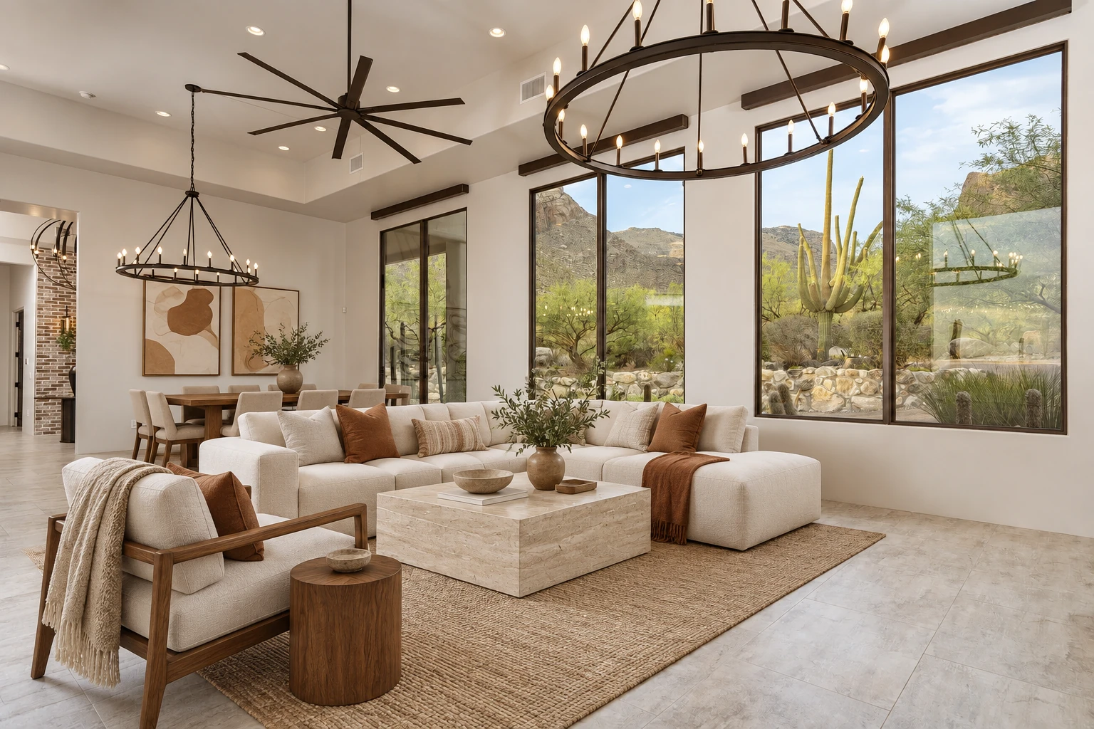 AI furnishing study of the Pima Village Court living room with warm wood furniture and sand-toned textiles