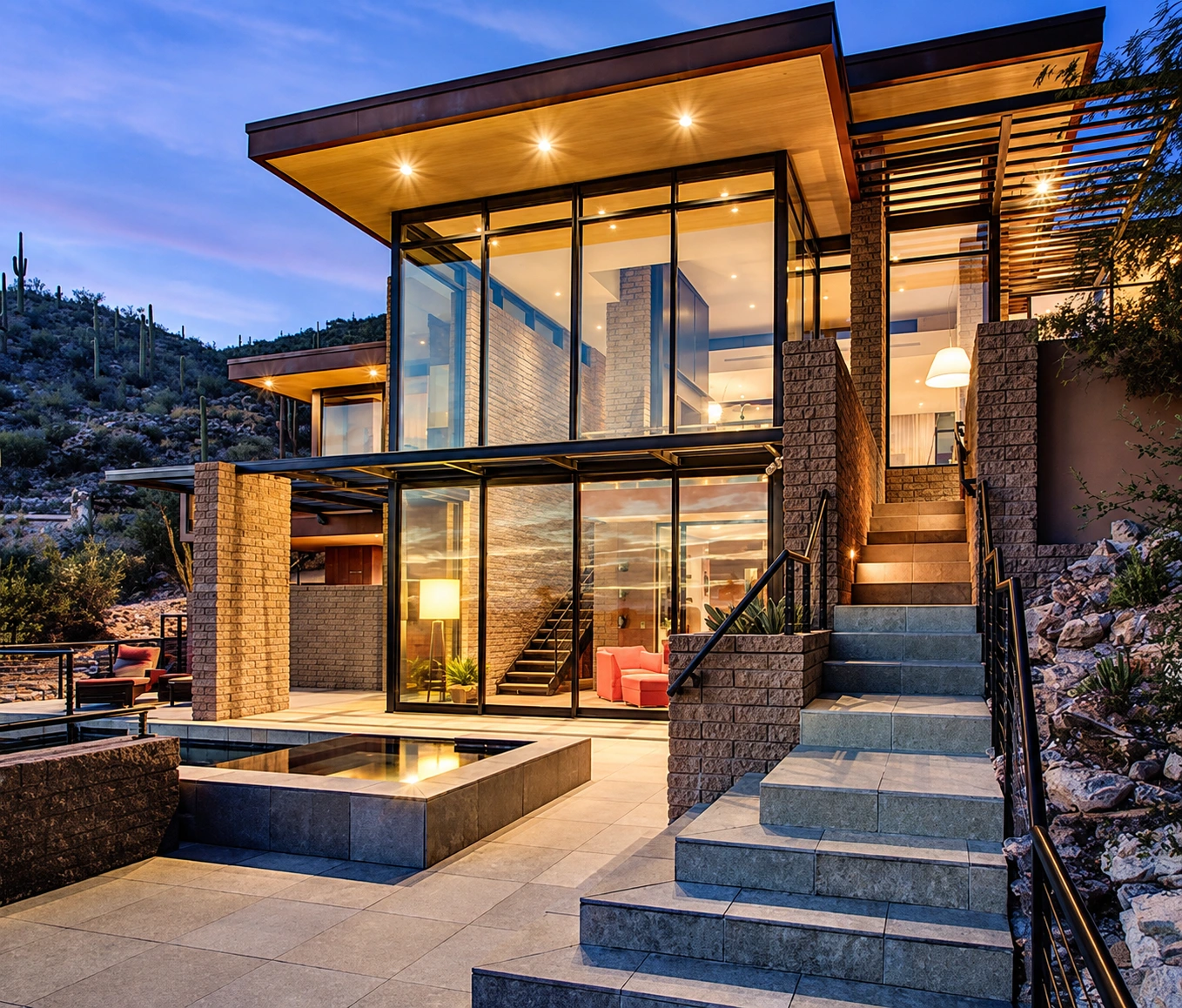 Glass, masonry and shaded arrival stairs at Ventana Mountain Estates
